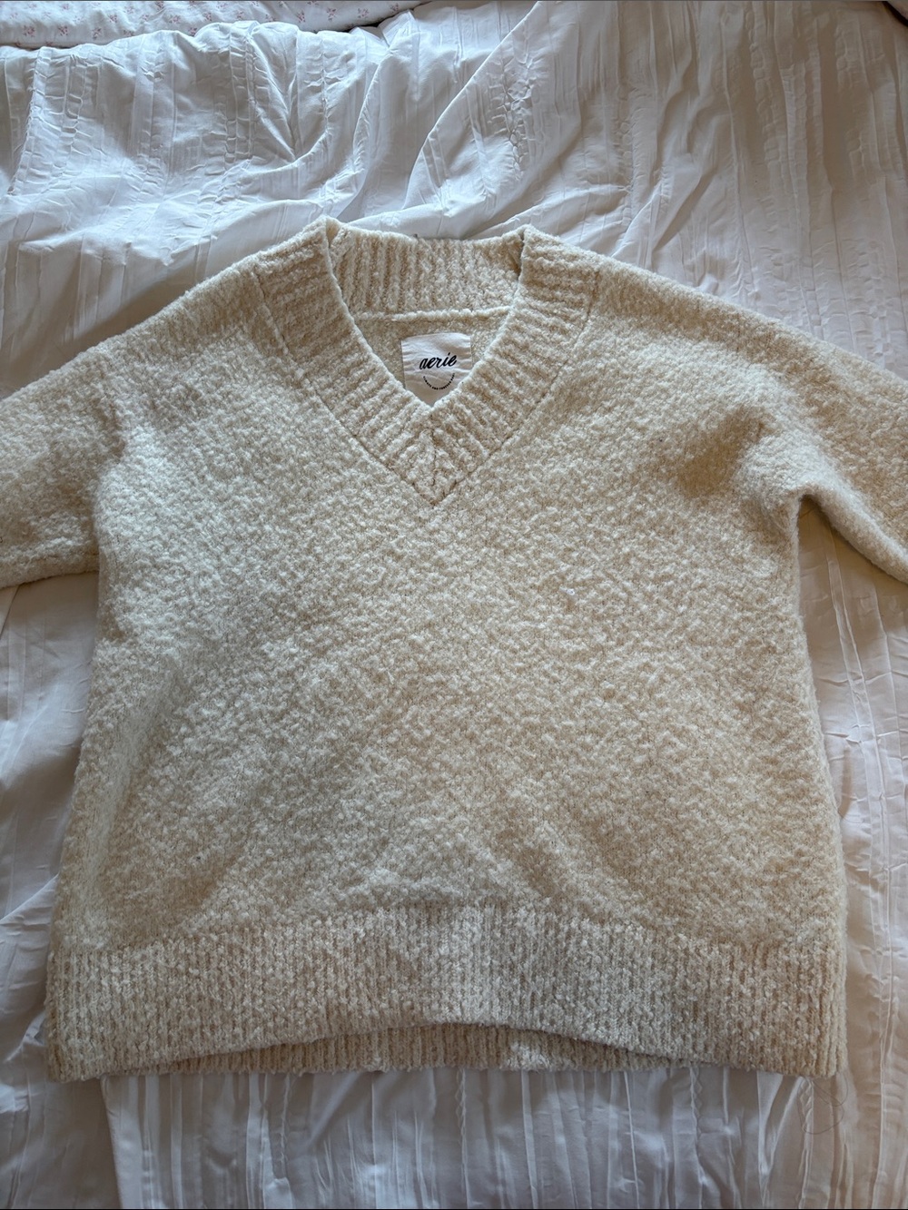 Aerie Cream V-Neck Textured Knit Sweater